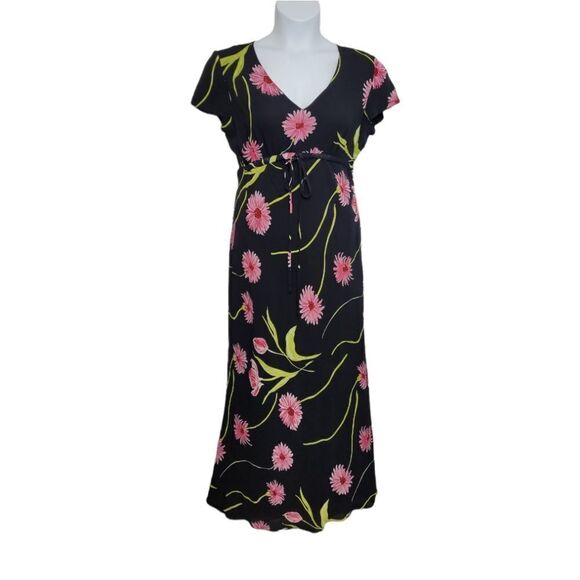 VINTAGE 90s dress pink daisy‎ black empire waist short sleeve maxi M - Picture 1 of 10